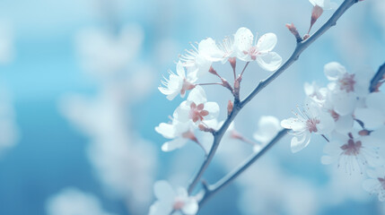 In soft pastel colors, white daisy on tree branch and light blue background. Generative ai