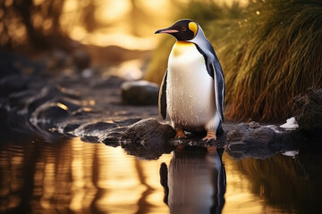 Fototapeta premium Image of Penguin standing on stone in forest water in brown tones. Generative ai