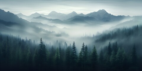 Naklejka na ściany i meble Photo realistic illustration of mountains forest fog morning mystic created with Generative AI technology