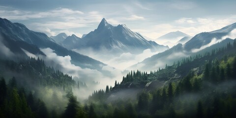 Obraz premium Photo realistic illustration of mountains forest fog morning mystic created with Generative AI technology
