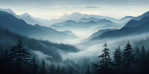 Photo realistic illustration of mountains forest fog morning mystic created  with Generative AI technology