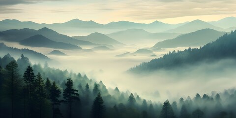 Photo realistic illustration of mountains forest fog morning mystic created  with Generative AI technology
