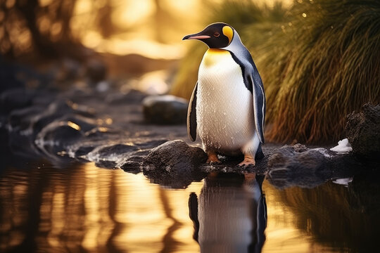 Image of Penguin standing on stone in forest water in brown tones. Generative ai