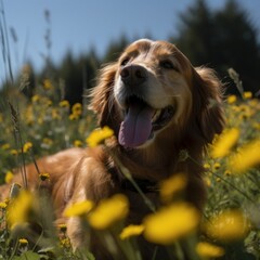 portrait of a happy summer dog in a field of flowers enjoying the sunshine