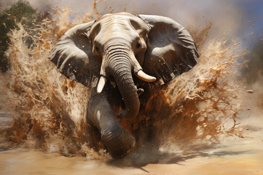 Image of big elephant walking between soil and mud in brown tones with splash concept. Generative ai