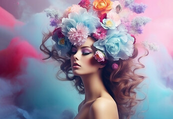 Pretty young lady with flowers and colored smoke