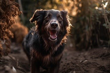 Fototapeta premium outdoor portrait of a happy dog in a suburban summer neighborhood yard