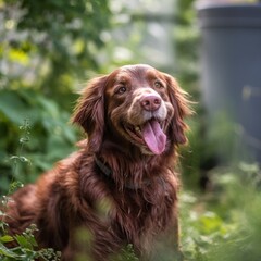 outdoor portrait of a happy dog in a suburban summer neighborhood yard