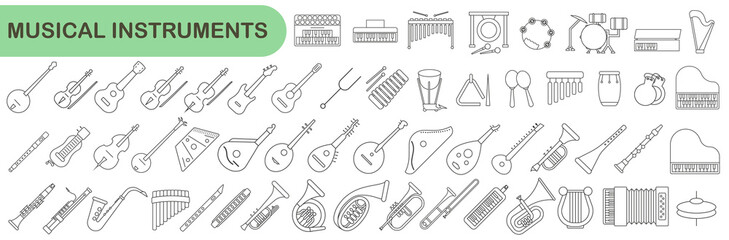 Simple set of musical instruments in thin line design. Images of various musical instruments.