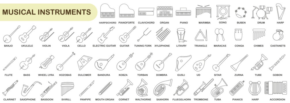 Simple set of musical instruments in thin line design. Images of various musical instruments with titles.