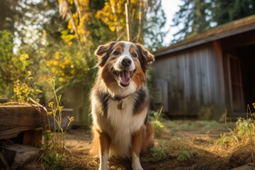 happy summer furry dog in a bright summer neighborhood yard portrait