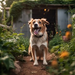 happy summer furry dog in a bright summer neighborhood yard portrait