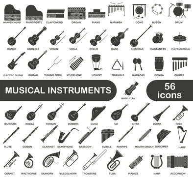 A simple set of dark hollow musical instruments. Images of various musical instruments with titles.