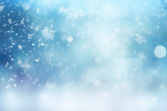 Glittery winter in silver tones, snowy blurred blue background. Generative ai