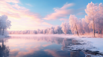 Fototapeta premium Frozen ice lake with water in the middle of winter with pink trees in the forest at Sunn. Generative ai