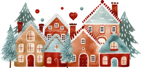 Fotobehang Fantasie landschap winter houses landscape ornament watercolor vector illustration
