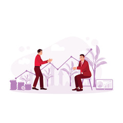 Fototapeta premium Two businessmen are discussing growth, profit, and business development against the backdrop of plants growing from fertile soil. Trend Modern vector flat illustration