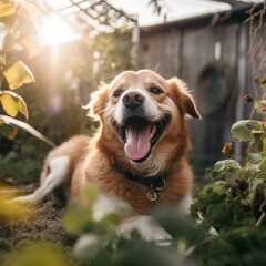 portrait of a happy panting dog in a summer suburban yard