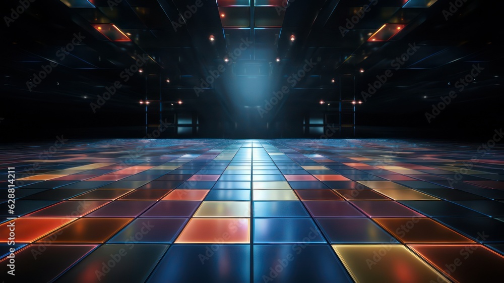 Aufkleber empty disco dance floor with colorful lights created with generative ai