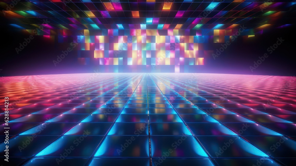 Poster empty disco dance floor with colorful lights created with generative ai