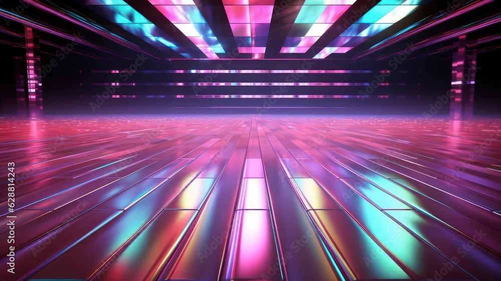 Poster empty disco dance floor with colorful lights created with generative ai