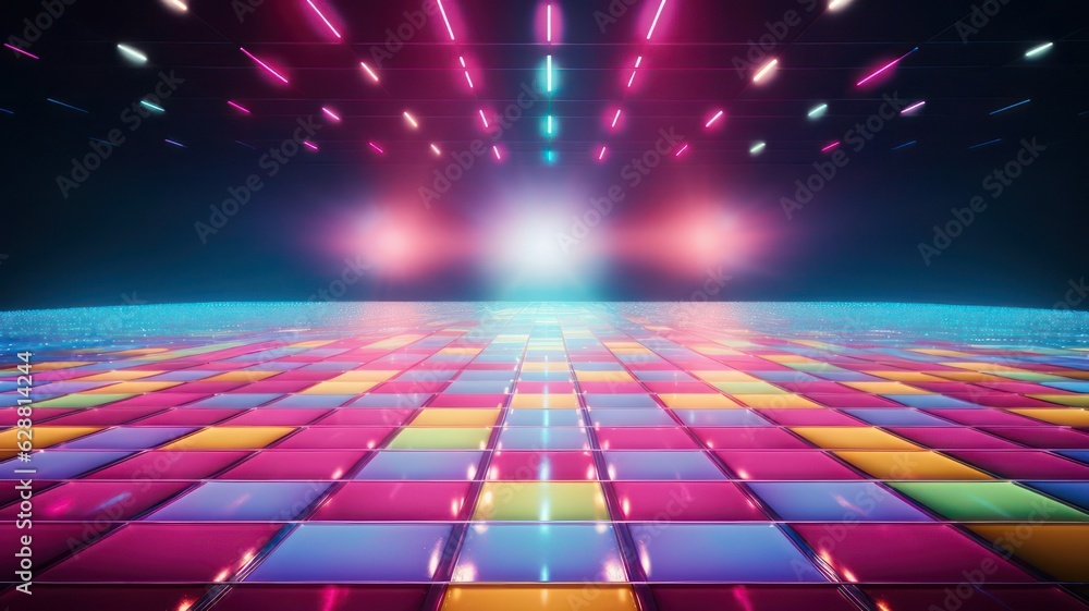 Poster empty disco dance floor with colorful lights created with generative ai