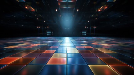Empty disco dance floor with colorful lights created with Generative AI