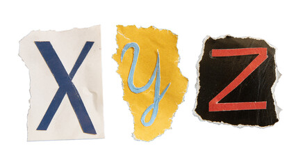 X, Y and Z alphabets on torn colorful paper . Ransom note style letters.