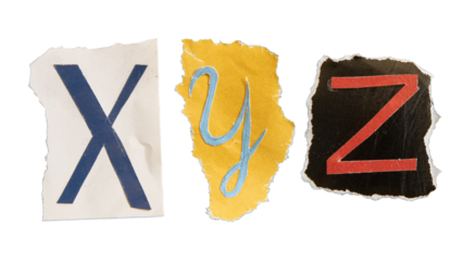 X, Y and Z alphabets on torn colorful paper . Ransom note style letters.