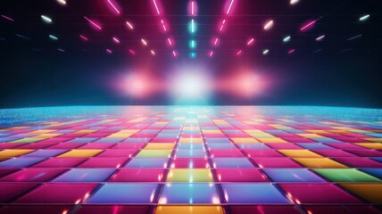 Empty disco dance floor with colorful lights created with Generative AI - obrazy, fototapety, plakaty