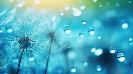 Dandelion seeds in blue and turquoise water droplets, background in yellow and green colors. Generative ai