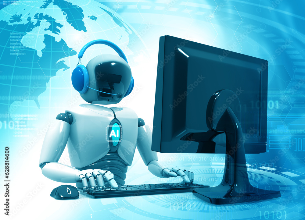Poster ai robot with quantum computer technology. 3d illustration..