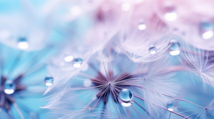 Dandelion seed and macro shot water drop background in pink blue tones.. Generative ai