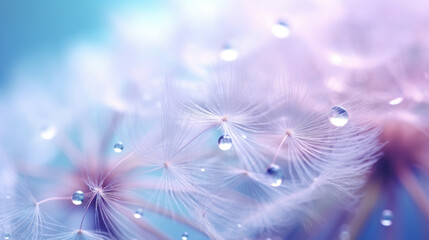 Dandelion seed and macro shot water drop background in blue tones.. Generative ai