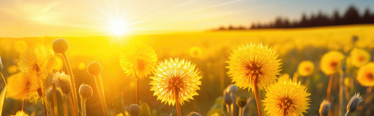 Close-up panorama of yellow dandelion flowers at sunset, summer background. Generative ai
