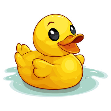 Yellow duck is bathing in a puddle, rubber bath duck illustration