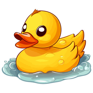 Yellow duck is bathing in a puddle, rubber bath duck illustration