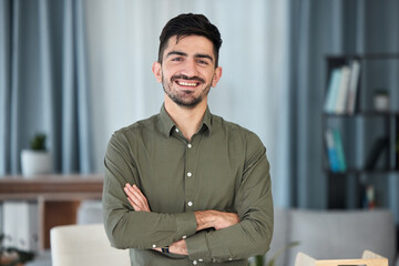 Smile, remote work and portrait of man accountant intern in home office confident and proud arms...