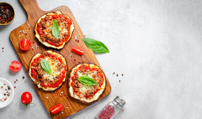 Eggplant Pizza with Tomato Sauce, Minced Meat, Mozzarella and Basil, Mini Vegetable Pizza over Bright Background