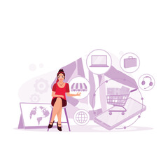 Women with glasses and technology omni channel digital retail business. Concept of digital marketing and online transactions. Trend Modern vector flat illustration