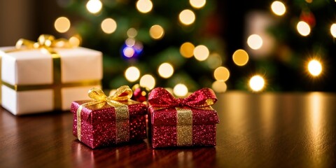 A gift box on the wooden table with a Christmas background, blurry light and bokeh, empty space for placing text.