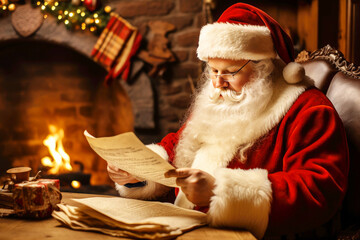 Santa Claus reads a letter with a wish list for Christmas at home near the fireplace - obrazy, fototapety, plakaty