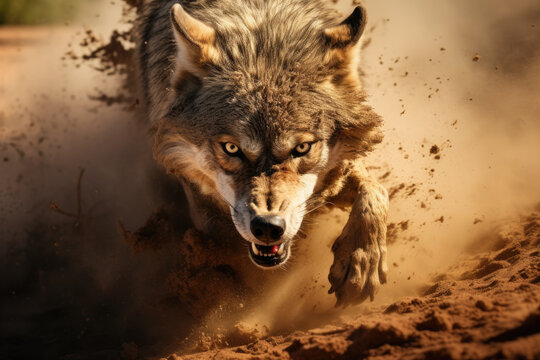 Close-up shot of angry gray wolf running through sand and mud in middle of desert. Generative ai