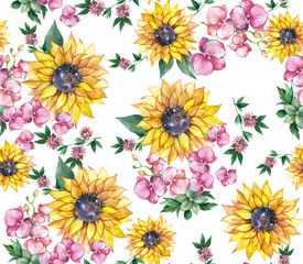 Watercolor, drawn, trendy, summer, bright, beautiful, textile, floral print, pattern, nature, garden, sun flowers, mood, decor, cards, interior, seamless on white