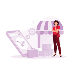 Young woman standing on a smartphone background with an online shopping website. Order boxes and shopping bags. Trend Modern vector flat illustration