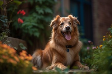 summer suburban portrait of a happy dog outside in a neighborhood yard