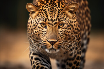 Close-up image of yellow Leopard with black dots looking into the lens. Generative ai