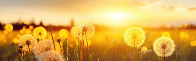 Close-up panorama of yellow dandelion flowers at sunset, forest background. Generative ai - obrazy, fototapety, plakaty