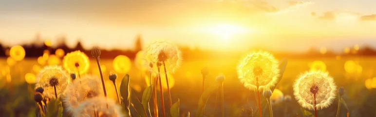 Fotobehang Close-up panorama of yellow dandelion flowers at sunset, forest background. Generative ai © LFK