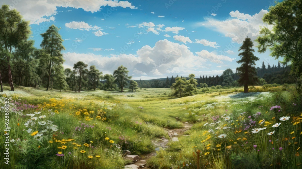 Poster meadow with flowers, a creek and trees created with generative ai